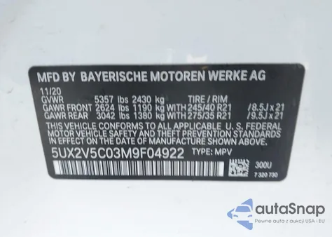 2021 BMW X4 M40I z USA, uszkodzony, nr VIN 5UX2V5C03M9F04922